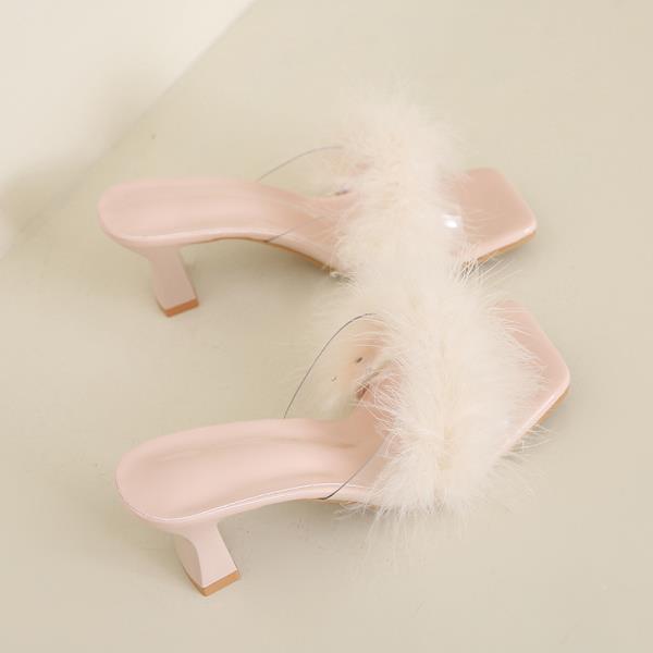 

Fashion Slippers Women Summer Square heel Slides Shoes Fur Flip Flops Heeled Mules Fashion Pantofle Soft Block Plush High Luxury 2025 35