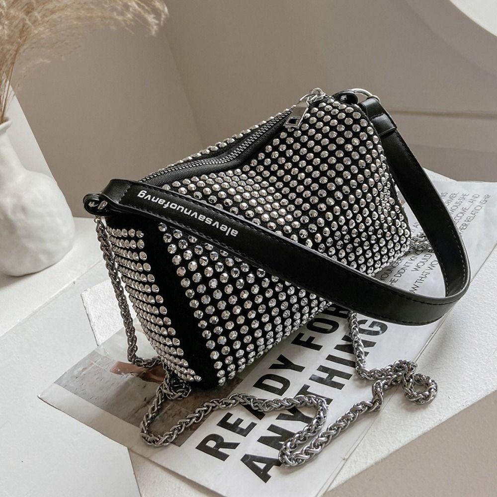 Large Capacity Rhinestone Handbag Zipper Chain Shoulder Bag Retro Small Square Bag  Party