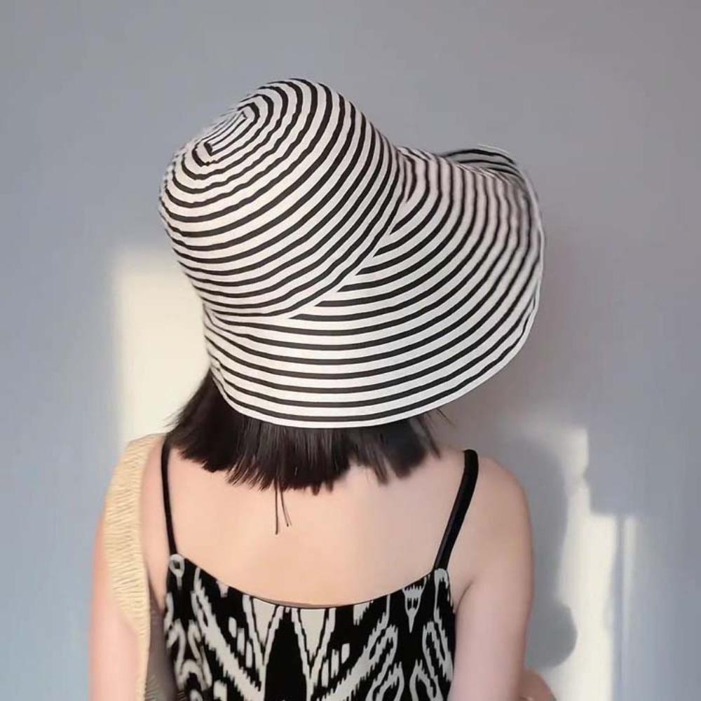 Widened Brim Foldable Beach Sun Cap Simple Roll Edge Fisherman Hat Striped Bucket Hat  Vacation