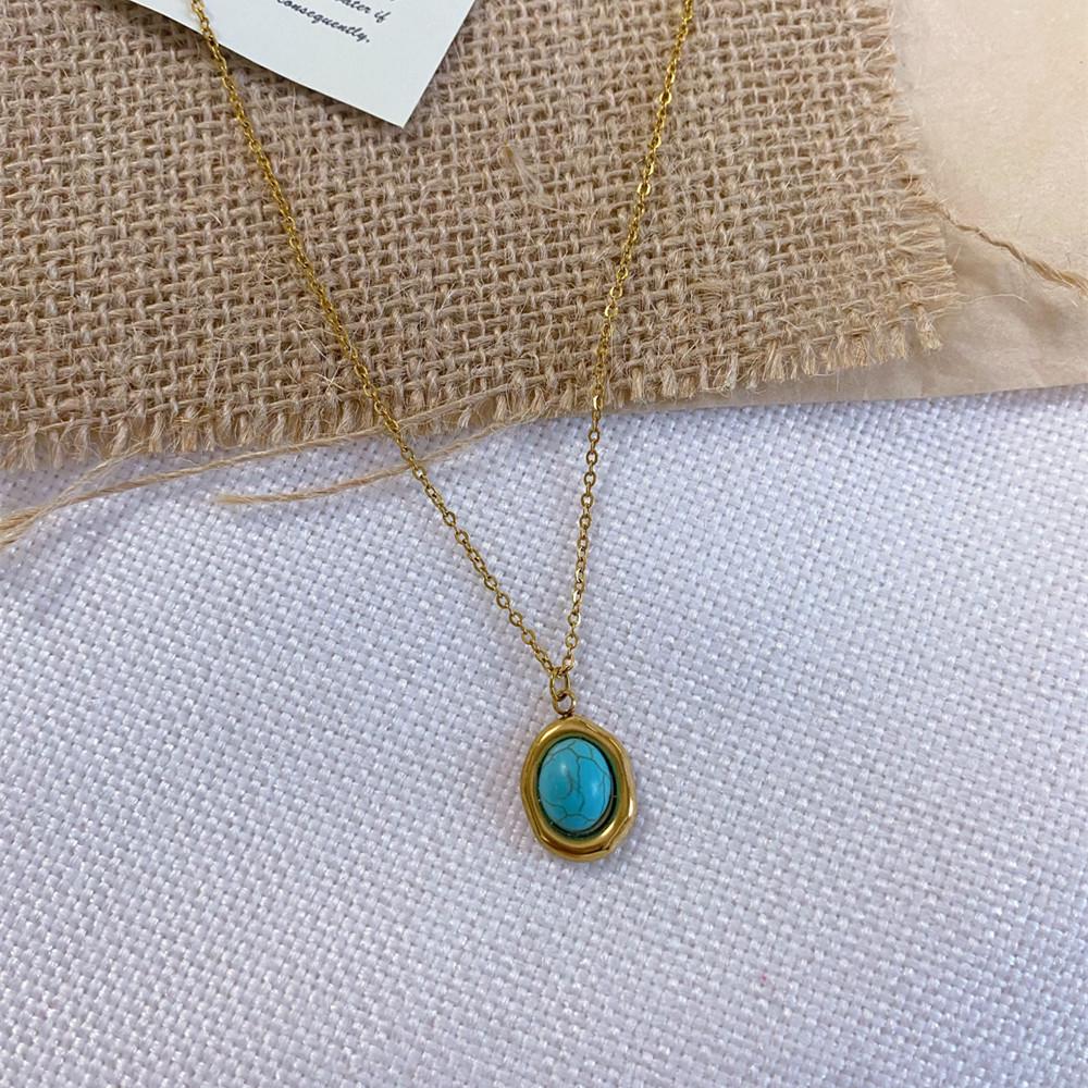 Retro Gold Titanium Steel Turquoise Geometric Necklace - Women's Color-Preserving Clavicle Chain Pendant