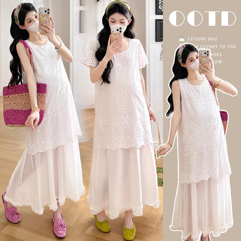 Summer French Embroidered Lace Maternity Dress M