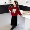 Girls' Red Bow Sweater Autumn and Winter Round Neck Korean Velvet Warm All-match Sweater