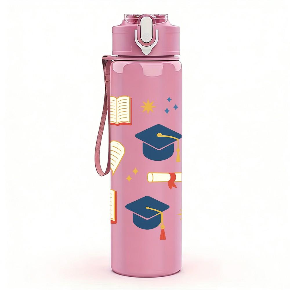 1PC Graduation Cap Diploma Book Pattern 750ml Color Plastic Sports Water Bottle Leakproof Flip Straw Lid Suitable for Sports Office Home Use