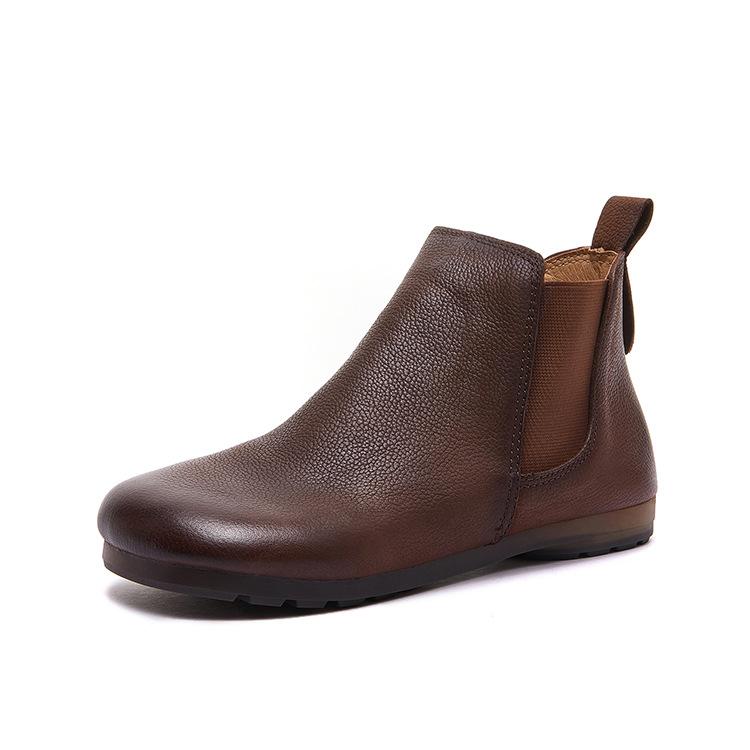 Johnature Solid Color Genuine Leather Flat Ankle Boots Round Toe Soft Soled Slip-on Women's Shoes