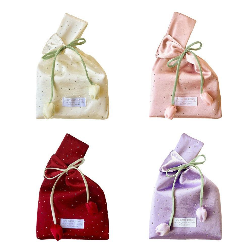 Retro Tulip Wrist Bags Washable Handheld Gift Jewelry Bags Crystal Satin Shining Small Bucket Bags For Girl Lady Women Female