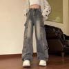 Vintage Washed Multi-Pocket Cargo Jeans for Women High Waist Streetwear Loose Wide Leg Trendy Designer Denim Trousers