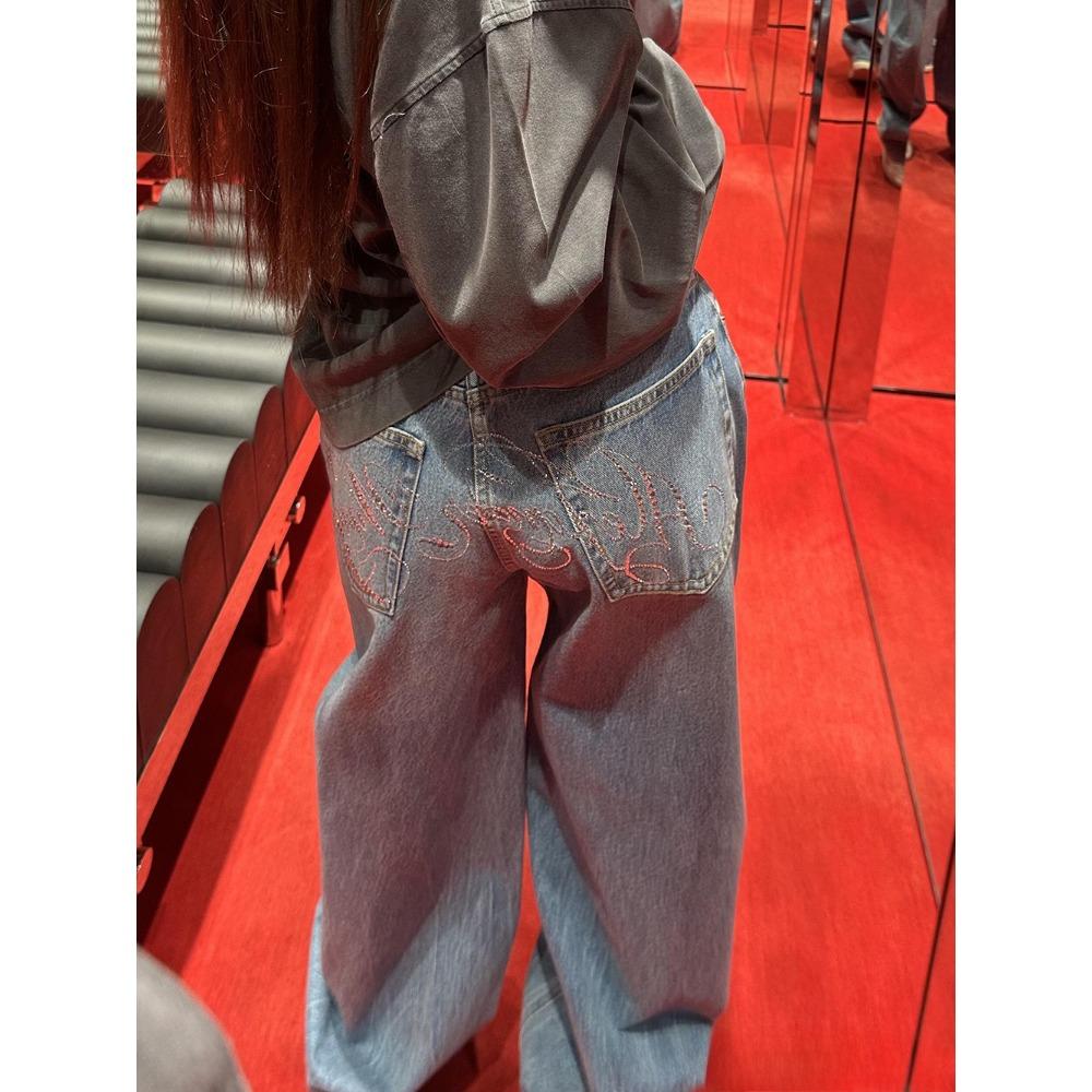 ZYLLO Letter Hot Diamonds High Waited Jeans Woman Street Fashion Baggy Jeans Women Clothing Casual Versatile Pants Women