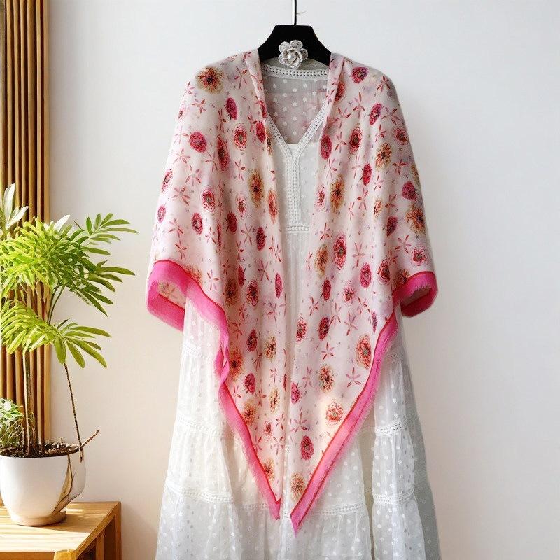 oversized beige flower travel sunscreen sunshade cotton and linen scarf women's silk scarf 111cm large square scarf shawl dual-purpose