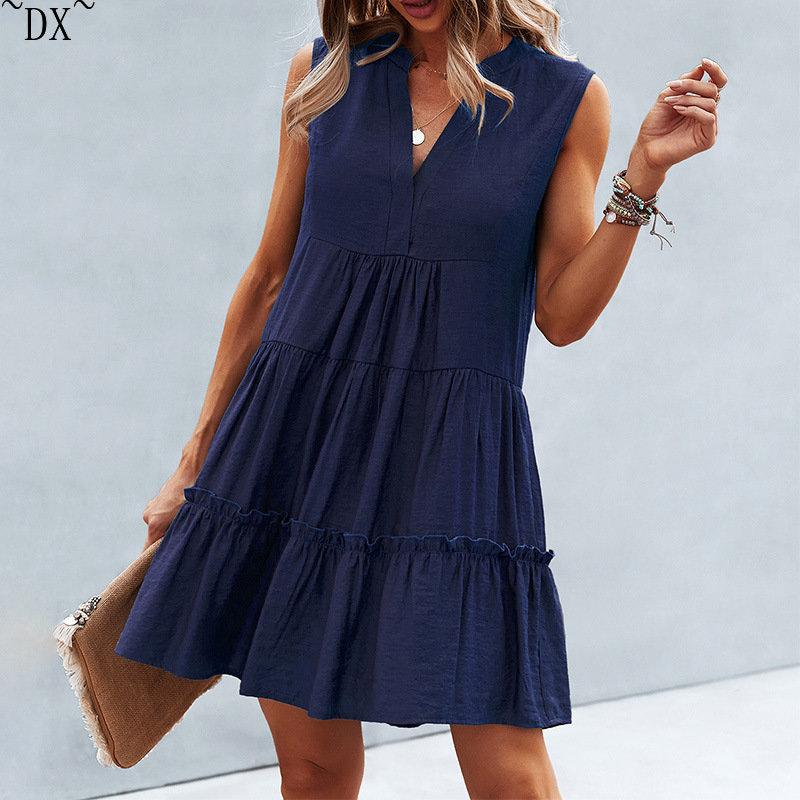 DX~~2023 Summer Europe and America V-neck Sexy Solid Color Dress Irregular Splice Sleeveless Commuter Big Swing Dress Women