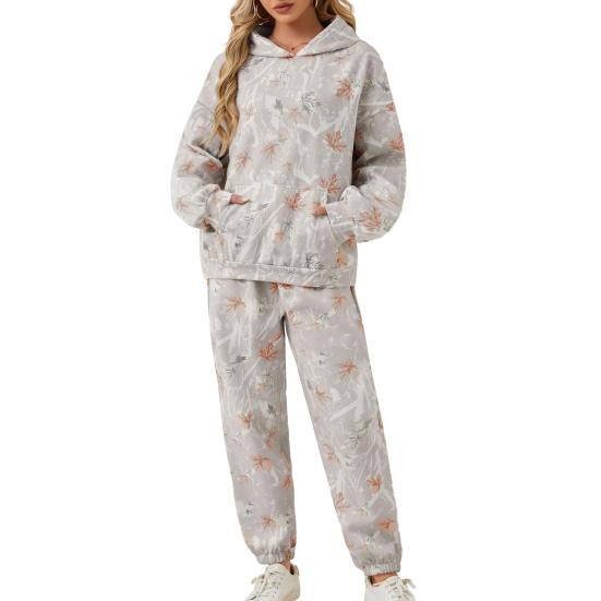 2 Piezas/Set Traje de Sudadera con Capucha y Pantalón para Mujer Estampado Mangas Largas Top Grueso Cintura Elástica Tobillera