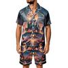 Men's Halloween Satin Print Short Sleeve Pajama Set with Pockets - Loose Fit 2-Piece Sleepwear for Home Daily Wear