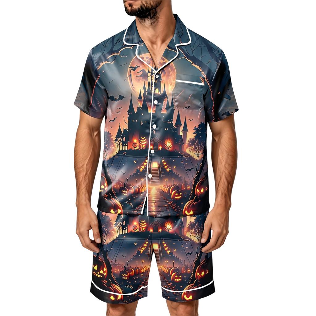 Men's Halloween Satin Print Short Sleeve Pajama Set with Pockets - Loose Fit 2-Piece Sleepwear for Home Daily Wear
