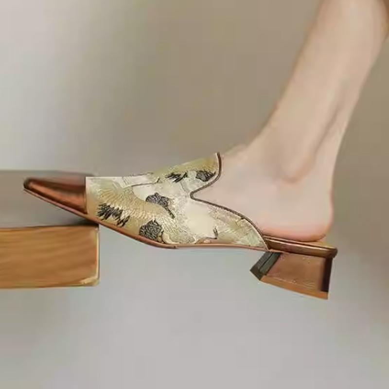 Square Toe Women Slippers Spring Mid Heels Slingback Shoes Retro Elegant Woman Pumps 2025 Trend Dress Cozy Ladies Shoes