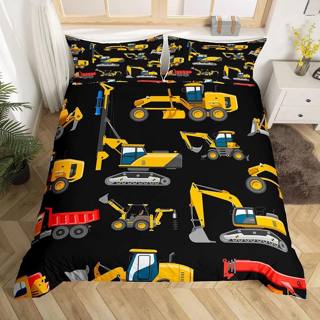 Bagger Königin Bettbezug Cartoon Baufahrzeug Bettwäsche-Set für Kinder Jungen Mädchen Traktor 2/3-teilig Polyester Bettdeckenbezug