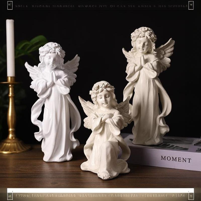 White Resin Praying Angel Figurines With Delicate Wings Floral Crown For Home Desktop Shelf Decor