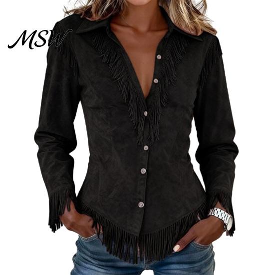 Western Cowgirl Outfit Women Tassel Shirt for Autumn, Button Down Slim Fit Fringe Elegant Date Night Shirts Blouse, Solid Color Casual Long