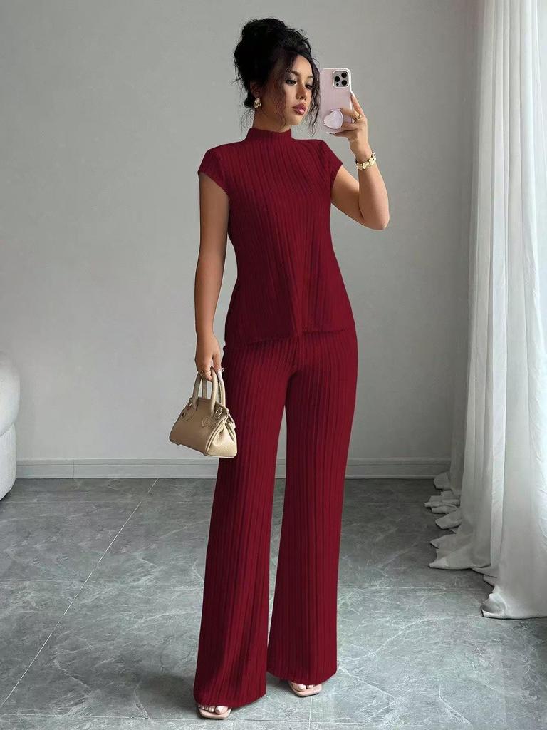 2026 New Style Women's Solid Color Short Sleeve Top & Ribbed Casual Pants Set