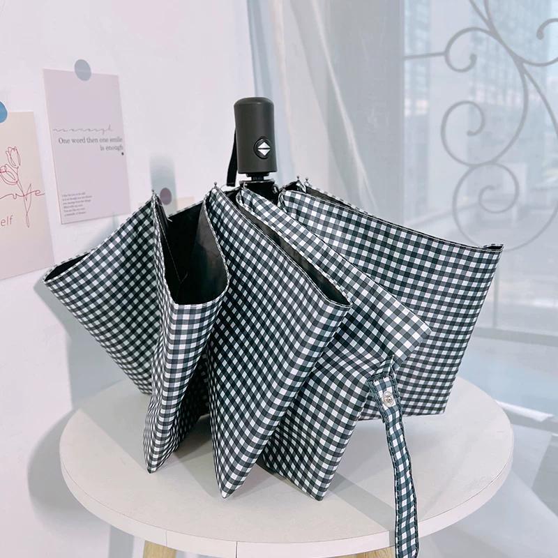 Simple Checkered Black Sun Umbrella, Sunshade Umbrella, Rain Umbrella, Sun Protection, Uv Protection, Black Coating, Automatic 70% off Umbrella