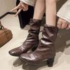 High Heels Women High Boots Elegant Chunky Leather Shoes Sexy Designer Mid Calf Chelsea Boots Fashion New Winter