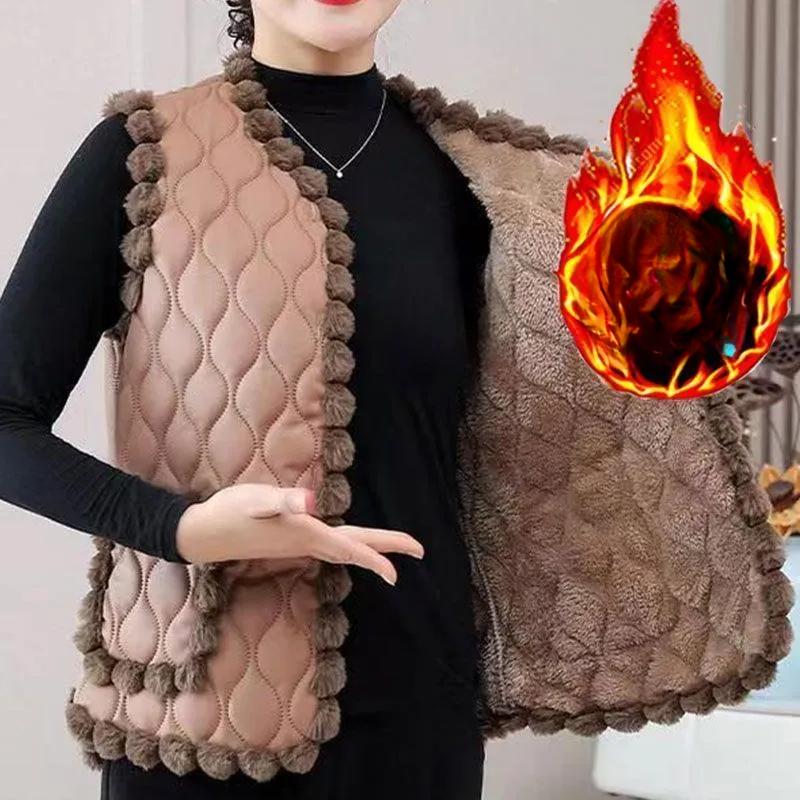 Fashion Warm Cotton Vest Women's Autumn and Winter Thickened Fleece Lining Warm Vest Age-reducing Sleeveless Vest Mother