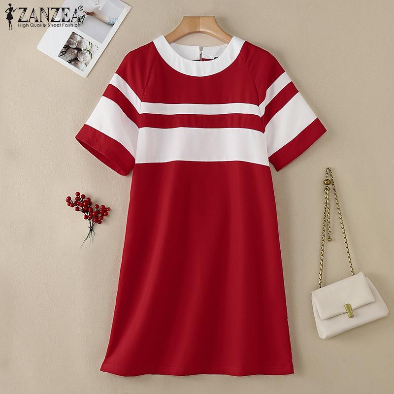 ZANZEA Women Casual O-neck Short Sleeve Summer Patchwork Dress