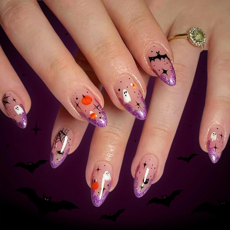Halloween Press on Nails Medium Almond Fake Nails with Designs Cute Ghost Stick on Nails Rainbow Swirl False Nails Bat Acrylic Nails Cobweb