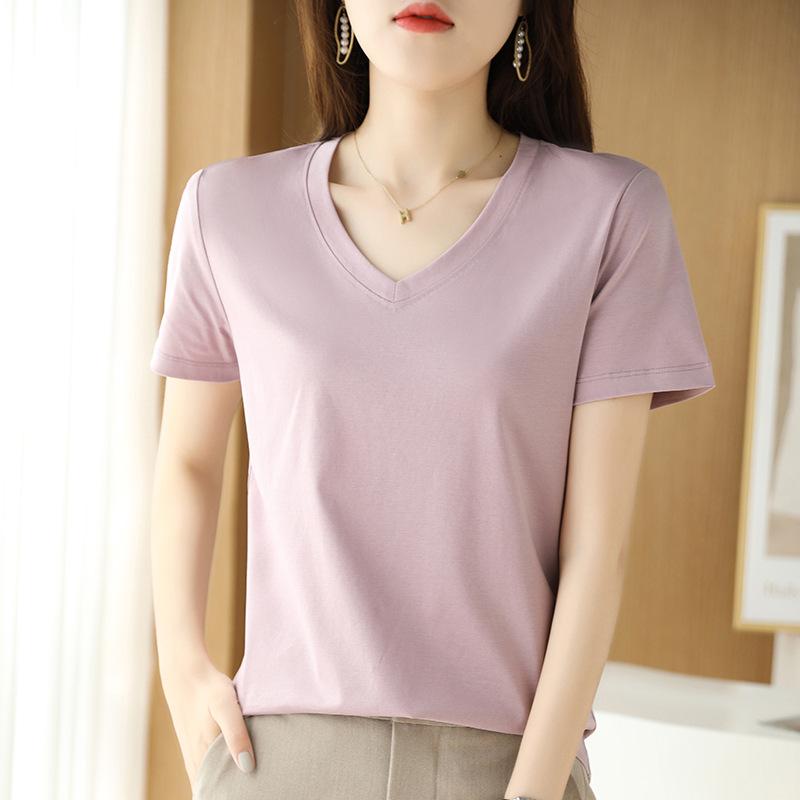 Women's V-Neck Mercerized Cotton Short-Sleeve T-Shirt - 2025 Summer Collection, Sweetheart Neckline