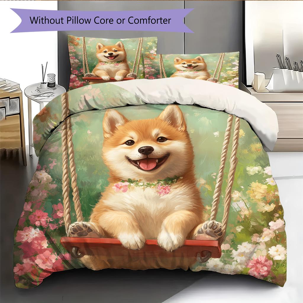 Shiba Inu and Fresh Flowers Pattern Bedding Home Decoration Birthday Gift (1 * duvet cover + 2 * pillowcase, without core)