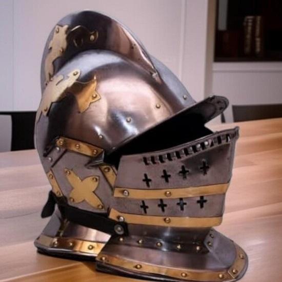 Medieval Crusader Burgonet Helmet 18Ga Steel, Brass Accents, Wearable LARP Cosplay