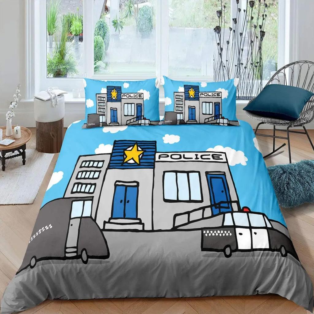 Police Car Duvet Cover Set Cartoon Car Bedding Set Kids Boys Blue Grey Emergency Responder Vehicles Polyester Quilt Cover