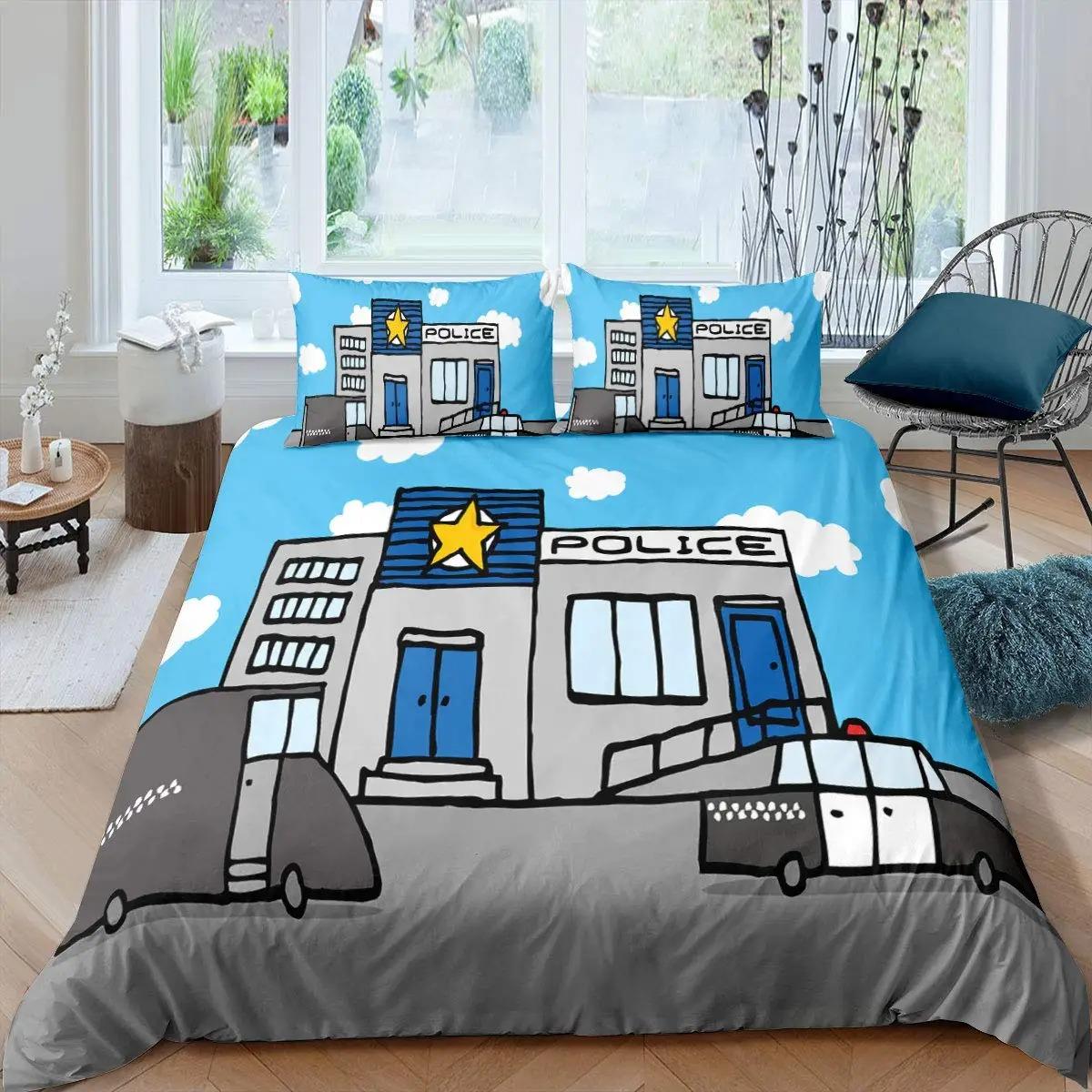 

Comforter Police Car Cartoon Car Bedding Set Kids Boys Blue Grey Emergency Responder Vehicles Polyester Comforter (quilt)-EU Single(135*200cm)3pcs
