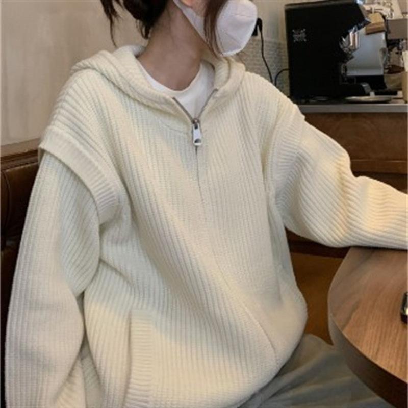 Осенний ленивый ветер свободный большой вариант свитера The Design Sense куртка с капюшоном на молнии вязаный кардиган женский One size бежевый