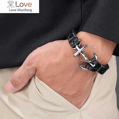 Punk Uomo Gioielli Bracciale in Acciaio Inossidabile Nero Personalità Pelle Intrecciata Ancora Braccialetto Maschile Corda Catena Per Uomo Regalo