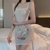 Summer Women'S New Sexy Temptation Sling Transparent Embroidery Ultrathin Flirt Solid Color Wrap Buttocks Dress