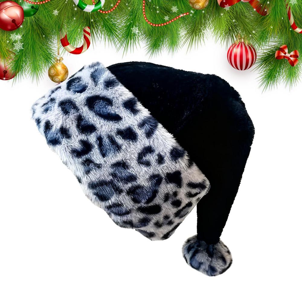 

Christmas Santa Hat Double-Layer Headwear Leopard-Print Plush Santa Hat for Photography Parade Cosplay Party New Year Family 31x47cm
