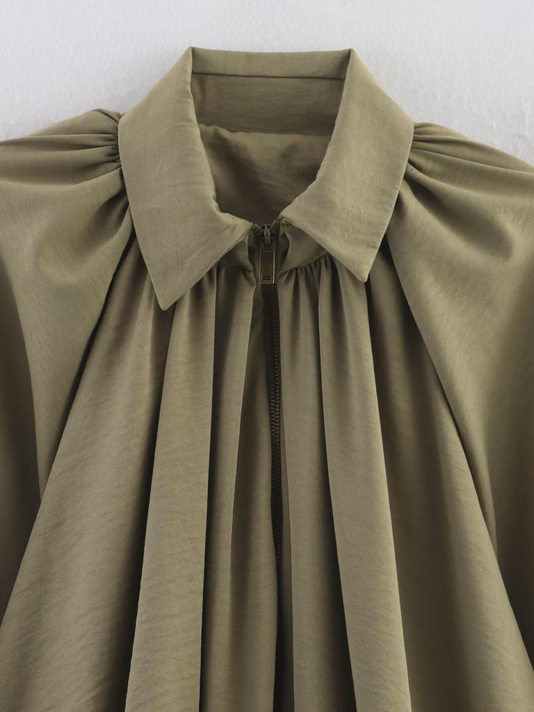 European and American Women's Loose Puff Sleeve Bomber Jacket with Turn-Down Collar