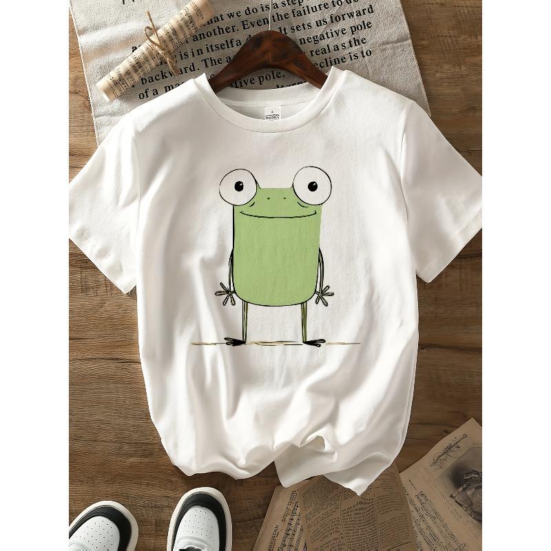 Lässiges und stilvolles abstraktes Cartoon-Frosch-Grafik-atmungsaktives bedrucktes Rundhals-Kurzarm-T-Shirt, ein neues Sommer-Damen-Kurzarm-Oberteil für die Freizeit