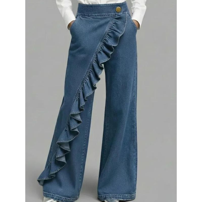 American Style Loose Irregular Splicing High Waisted A-line Wide Leg Jeans Women Spring