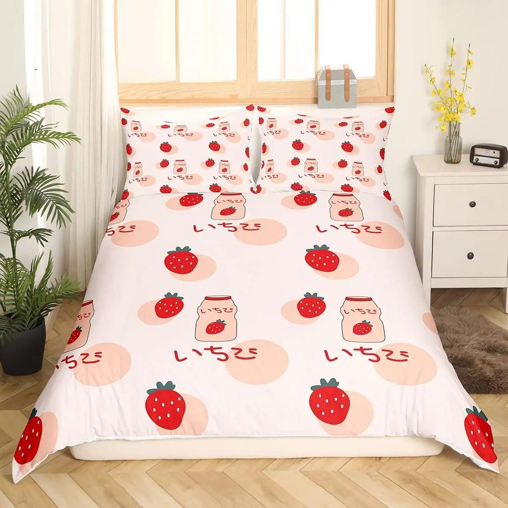 Sweet Strawberry Milk Duvet Cover King Queen Cute Bear Bedding Set Cartoon Fruits Animals Comforter Cover with 2 Pillowcases