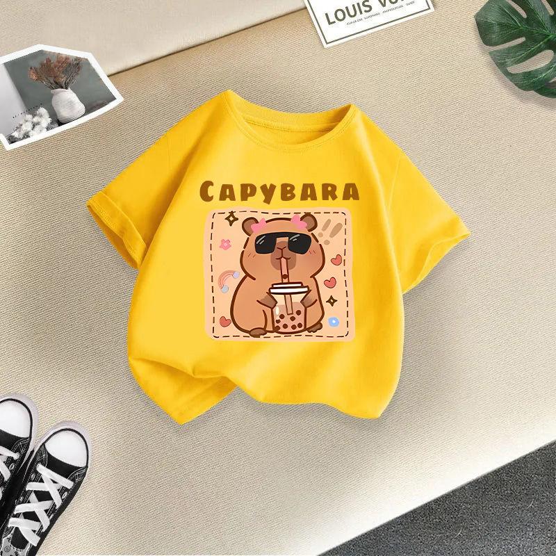 Kinder T-Shirt Capybara Aufdruck Kinder 100% Baumwolle Kleidung Oberteile 2-13J Locker geschnitten Lässig Rundhalsausschnitt Kurzarm T-Shirt