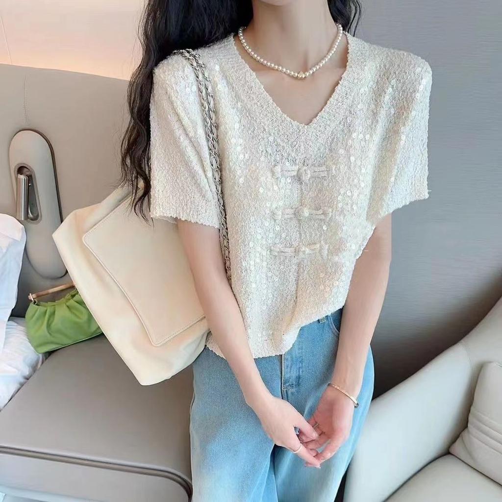 Summer V-neck Design Knitted Sweater with Sequins Short Sleeved T-shirt Top Women's Small Shirt