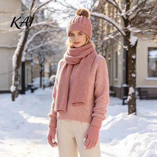 Soft Acrylic Cold Weather Gear Winter Hat Scarf Gloves Set, Knitted Pom Warm Thermal Stylish Outdoor Skiing And Hiking Sets Gloves, Solid Color