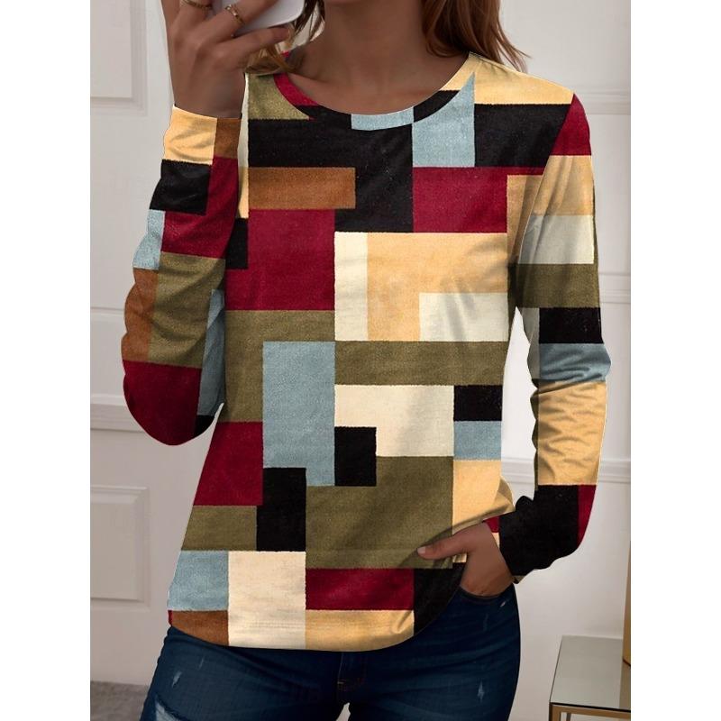Women's 3D Plaid Stripe Print T-shirt Fashion Long Sleeve Round Neck Regular Tops Holiday Weekend Spring and Autumn