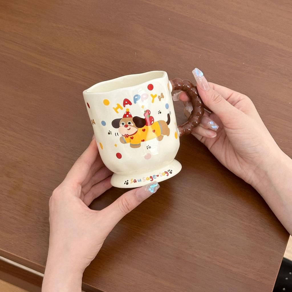 Cute Dachshund Dog Goblet Household Drinking Water Mug with Lid Spoon Office Ceramic Breakfast Coffee Milk Cup