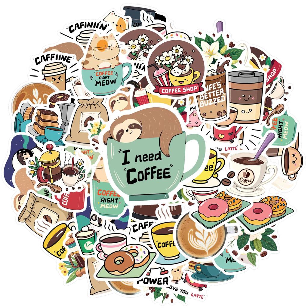 35pcs-50pcs Cartoon Beverages Stickers Cute Coffee  Stickers DIY Stickers For DIY Phone Laptop Scrapbook Bike Guitar