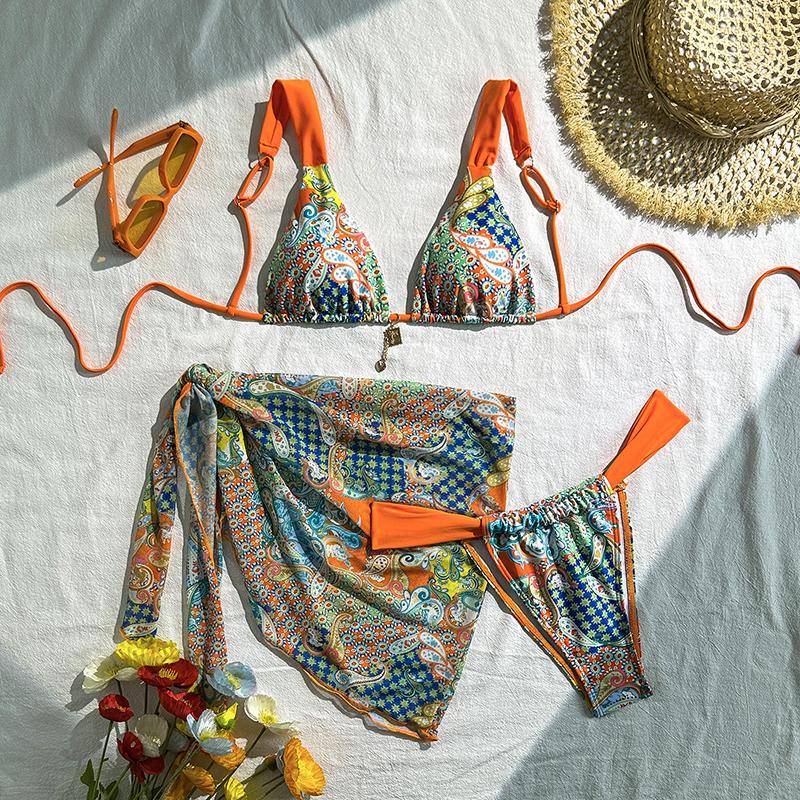 Printed with Sarong High Cut Leg Bikini Women Swimwear Female Swimsuit Three-pieces Bikini Set Bather Bathing Suit Swim