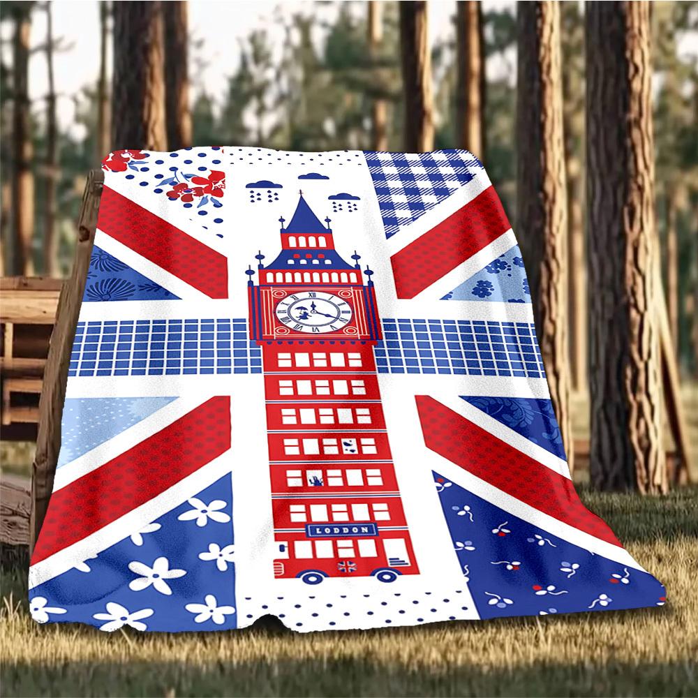 1pc Union Jack, Big Ben Outdoor Flannel Blanket for Girls Soft, Lightweight Throw Perfect for Camping, and Gifting, Digital