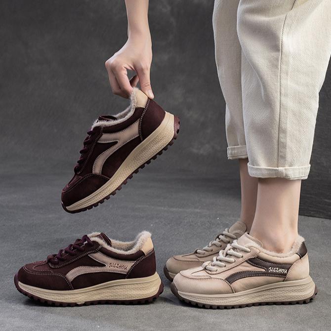 Johnature Genuine Leather Sneakers Plush Warm Cotton Shoes Retro Versatile Casual Women's Shoes