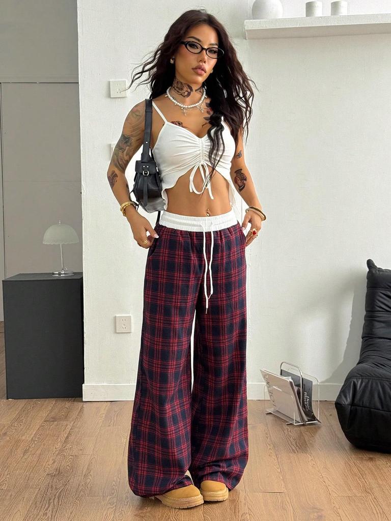 Plaid Patchwork High Waist Casual Sports Pants - Loose Lazy Style Straight Leg