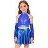 Set Costume da Danza Jazz per Bambini Scintillante Paillettes Crop Top Schiena con Foro Senza Maniche Taglie Forti Gonna a Zampa Metallizzata e Guanti con Frange di Paillettes Gara